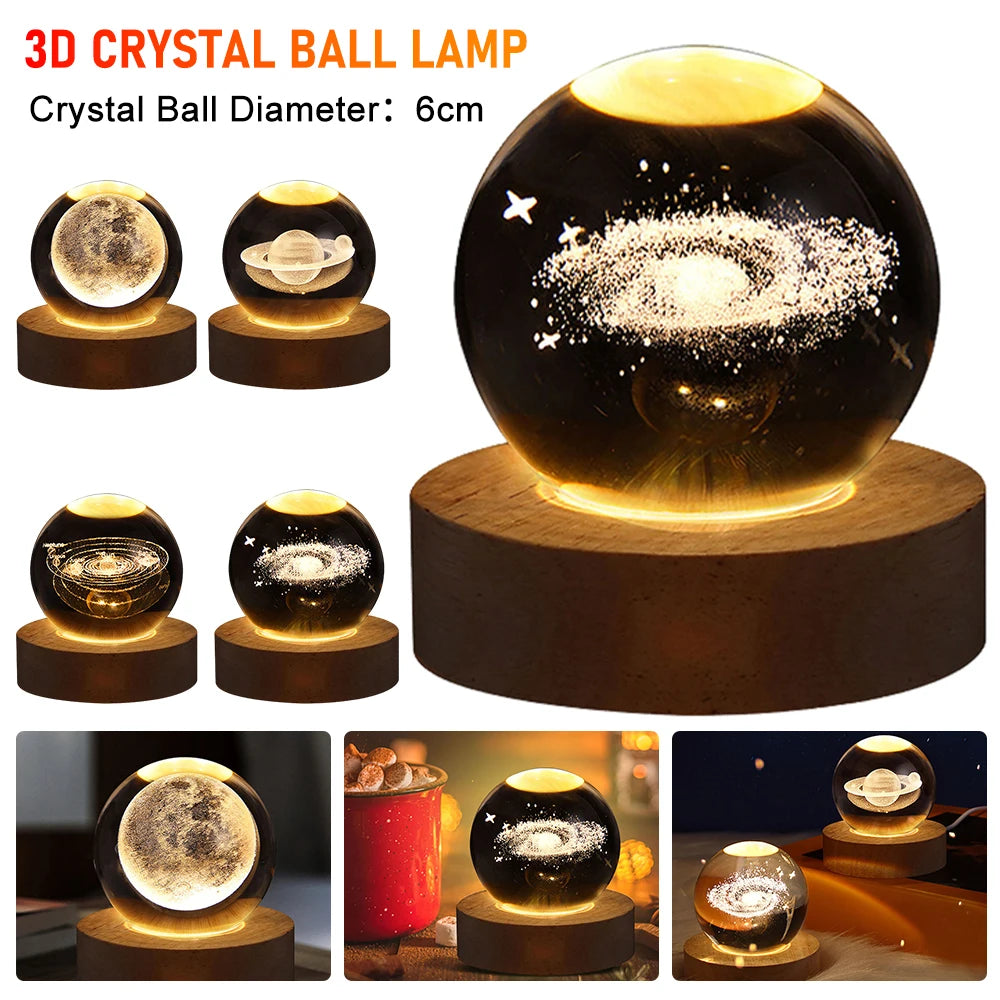 LED Crystal Ball Table Lamp USB Night Light 3D Moon Planet Galaxy Decor for Home Table Lamp Party Toys for Kids Adult Xmas Gifts